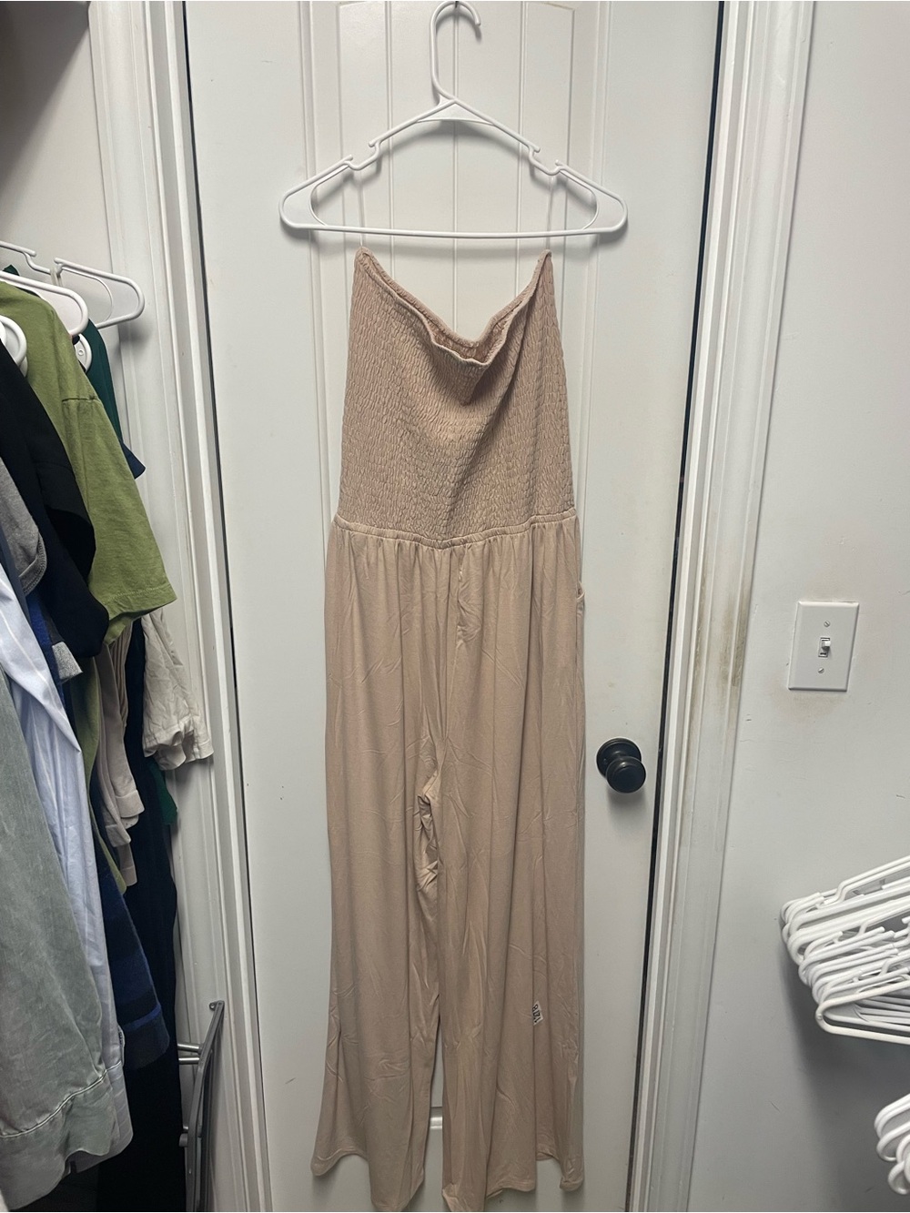 Beige Strapless Wide-Leg Jumpsuit